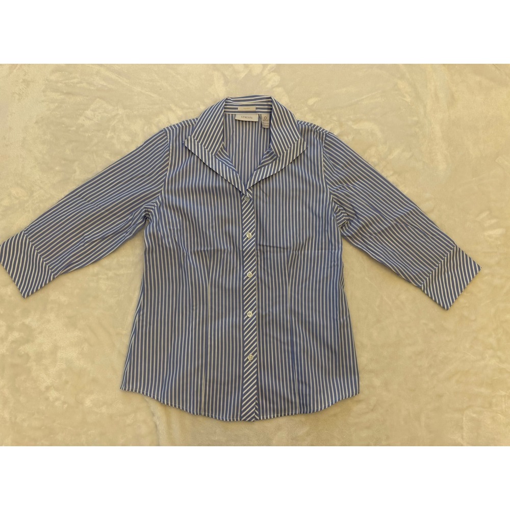 Chicos Blue White Striped 3/4 Sleeve Button Down Shirt Womens Size 0 S